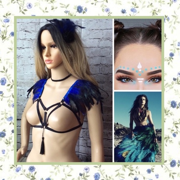 Unique Styles feather bra Other - 🌺 3PC BLUE FEATHER HARNESS CHOKER CLIPIN RAVE BOHO COSPLAY COSTUME BRA COVER